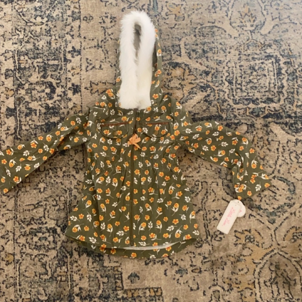 Floral Green Hooded Jacket with Faux Fur Trim
